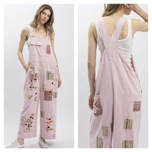 Blue Velvet Patchwork & Embroidered Mineral Wash Overalls
